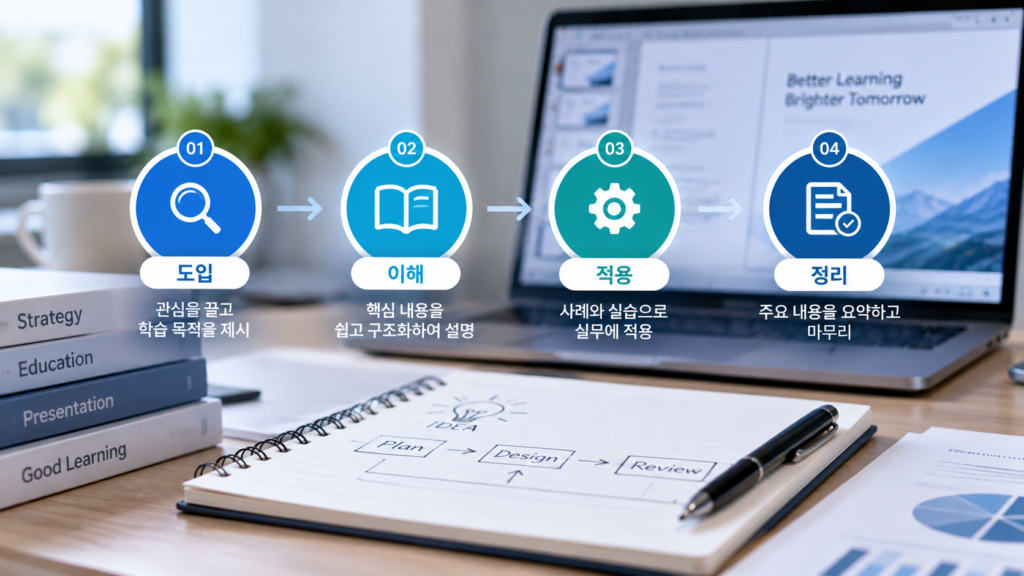 도입 이해 적용 정리 순서로 강의 흐름을 구성하는 교육교안 제작 과정