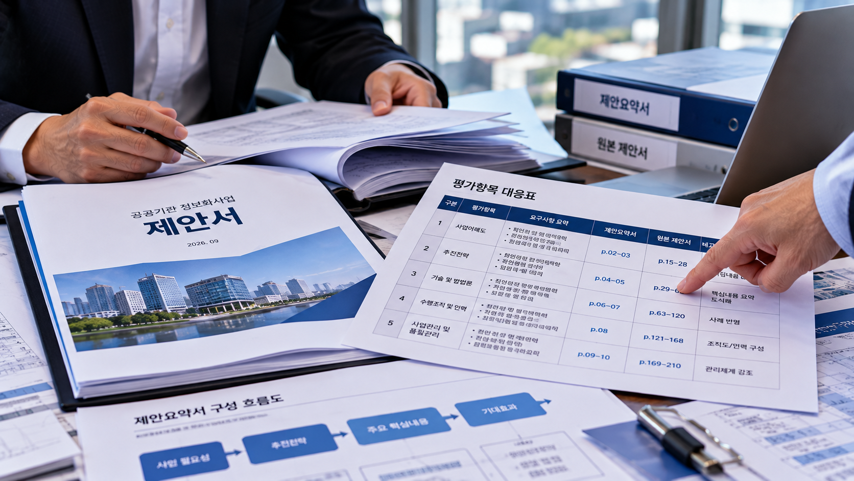 입찰 제안요약서 제작 대행 과정에서 원본 제안서와 평가항목 대응표를 대조하는 모습