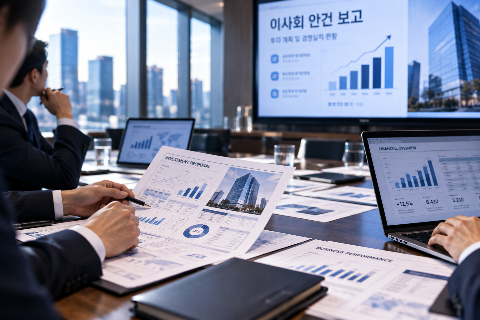 이사회 보고자료 PPT 제작을 위해 투자안과 경영실적 자료를 검토하는 실무자